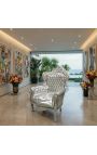 Big baroque style armchair silver leatherette and silver wood - 15