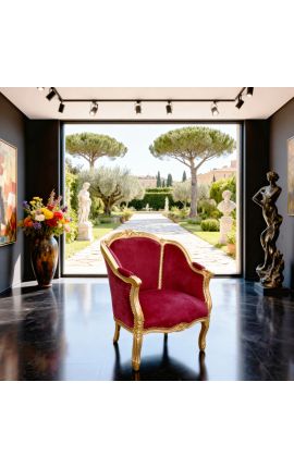 Butaca gran Bergere Louis XV Estil vermell borgoña de vellut i fusta d'or - 2