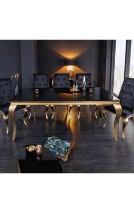 Moderne barok eettafel in goudkleurig staal, blad zwart glas 200cm