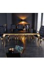 Modern baroque dining table in gilded steel, top black glass 180cm