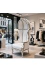 Grand fauteuil carrosse de style Baroque tissu simili cuir blanc et bois argent