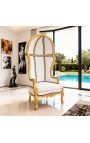 Grand fauteuil carrosse de style Baroque tissu simili cuir blanc et bois doré - 3