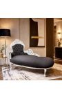 Grote barok chaise longue zwart fluweel stof en zilver hout - 5