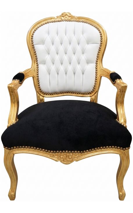 Barocksessel von Louis XV Stil weißes Kunstleder, schwarzer Samt und Silberholz (Dupliqué) - 1