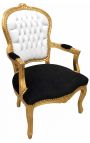 Poltrona barroca de Louis XV Estilo branco falso couro, veludo preto e madeira de prata (Dupliqué) - 7