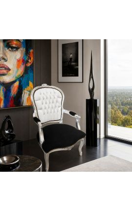 Fauteuil Louis XV de style baroque simili cuir &amp; velours noir et blanc et bois argent - 2