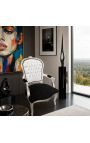 Baroque armchair of Louis XV style white faux leather, black velvet and silver wood - 2