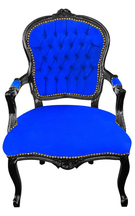 Fauteuil Louis XV de style baroque velours bleu et bois noir - 1