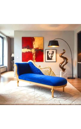 Grande recamier barroco com tecido de veludo azul pescoço de cisne e madeira dourada