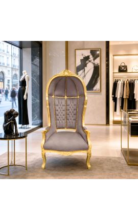 Großportierstuhl im Barockstil, taupefarbener Samt und Goldholz - 2