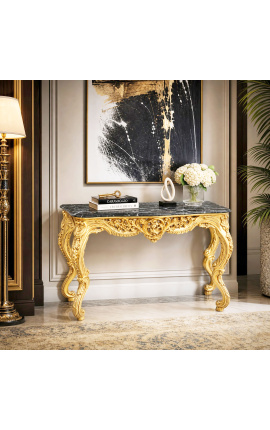 Console estilo barroco Louis XV Rocaille em madeira dourada e mármore preto - 3
