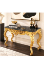 Console de style baroque Louis XV Rocaille en bois doré et marbre noir - 7