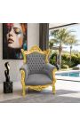 Grand Rococo Barocksessel grauer Samt und vergoldetes Holz - 3