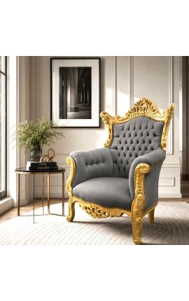 Grand Rococo Barok fauteuil grijs fluweel en verguld hout - 2