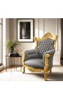 Grand Rococo Baroque πολυθρόνα γκρι βελούδο και επιχρυσωμένο ξύλο - 2