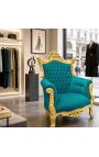 Velké rokokové barokní křeslo zelený smaragdový samet a zlacené dřevo - 4