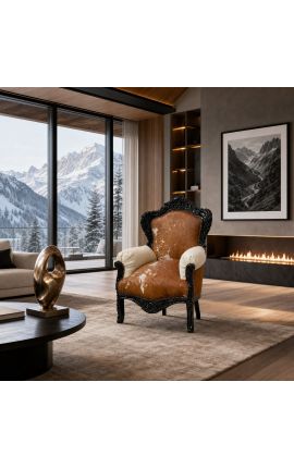 Grand fauteuil de style baroque en vrai peau de vache marron et bois laque noir