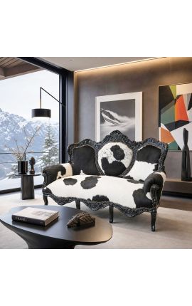 Barokna sofa od prave kravlje kože crno-bijelo, sjajno crno drvo - 2