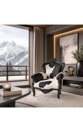 Grand fauteuil de style baroque en vrai peau de vache et bois laqué noir