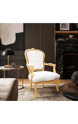 Μπαρόκ πολυθρόνα Louis XV στυλ λευκό δερμάτινο και χρυσό ξύλο - 2
