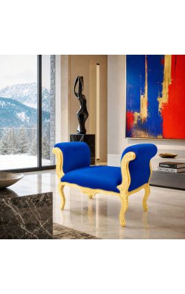 Barokinis Liudviko XV suoliukas mėlynas aksominis audinys ir aukso mediena - 2