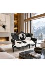 Barokk sofa ekte okseskinn svart og hvit, blank svart tre - 3