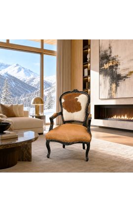 Poltrone barocco di Louis XV stile pelle di mucca marrone e bianco e legno nero lucido