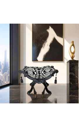 Dagobert bench with white floral pattern fabric and black wood - 2