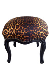 Baročni naslon za noge Louis XV leopard blago in lakiran črn les