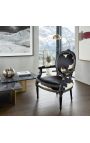 Fauteuil Louis XVI de style baroque vraie peau de vache noire et bois noir - 5