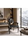 Fauteuil Louis XVI de style baroque vraie peau de vache noire et bois noir - 6