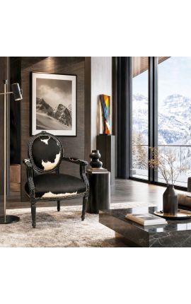 Fauteuil Louis XVI de style baroque vraie peau de vache noire et bois noir - 2