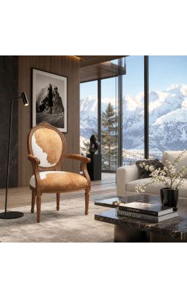 Baroque armchair of Louis XVI style real cow leather brown and white and raw wood - 2