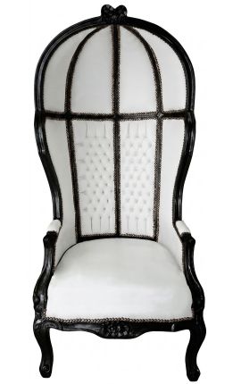 Silla de estilo barroco de Grand Porter Blanco cuero sintético y madera negra brillante - 1