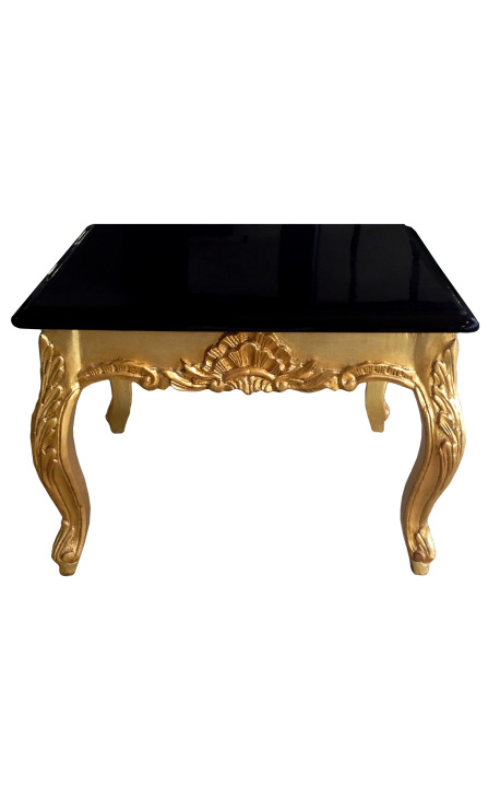 Table basse carrée de style baroque en bois dorée avec plateau noir