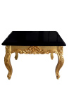 Table basse carrée de style baroque en bois dorée avec plateau noir