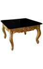 Čtvercový konferenční stolek barokní zlacené dřevo s černě lakovanou deskou