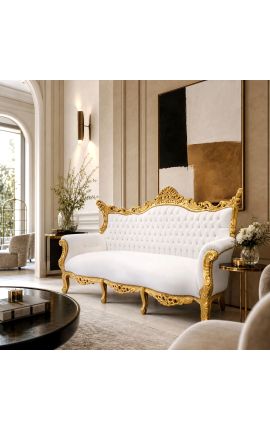 Μπαρόκ ροκοκό καναπές 3 θέσεων λευκή δερματίνη και χρυσό ξύλο - 2