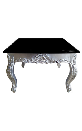 Čtvercový konferenční stolek barokní stříbřené dřevo s černě lakovanou deskou