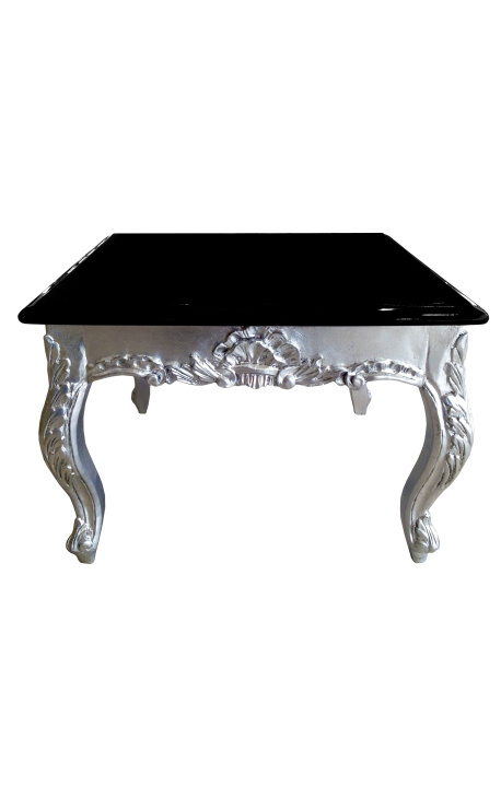 Table basse carrée de style baroque en bois argenté avec plateau noir