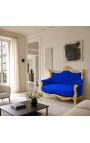 Divano a 2 posti in stile barocco rococò in velluto blu e legno dorato - 4