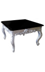 Čtvercový konferenční stolek barokní stříbřené dřevo s černě lakovanou deskou