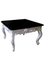 Table basse carrée de style baroque en bois argenté avec plateau noir