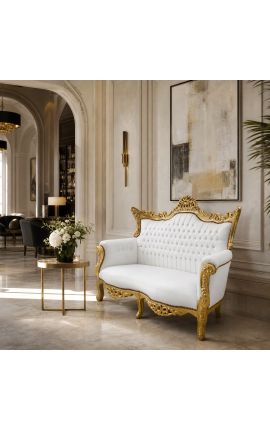 Barok rococo 2-zitsbank wit kunstleer en goud hout - 2