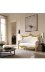 Barokinė rokoko dvivietė sofa iš baltos odos ir aukso medienos - 7
