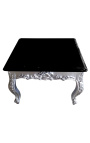 Table basse carrée de style baroque en bois argenté avec plateau noir