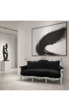 Canapé baroque rococo 3 places velours noir et bois argenté - 2