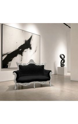 Barokowa Rococo 2 Seat Sofa Czarny aksamitny i srebrny drewno - 2
