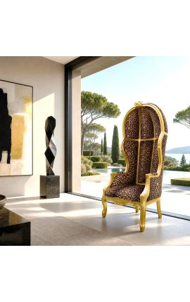 Grand porter's Baroque style chair leopard printed fabric and golden wood - 2
