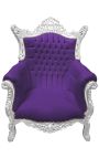 Grand fauteuil Baroque rococo velours mauve et bois argenté - 1